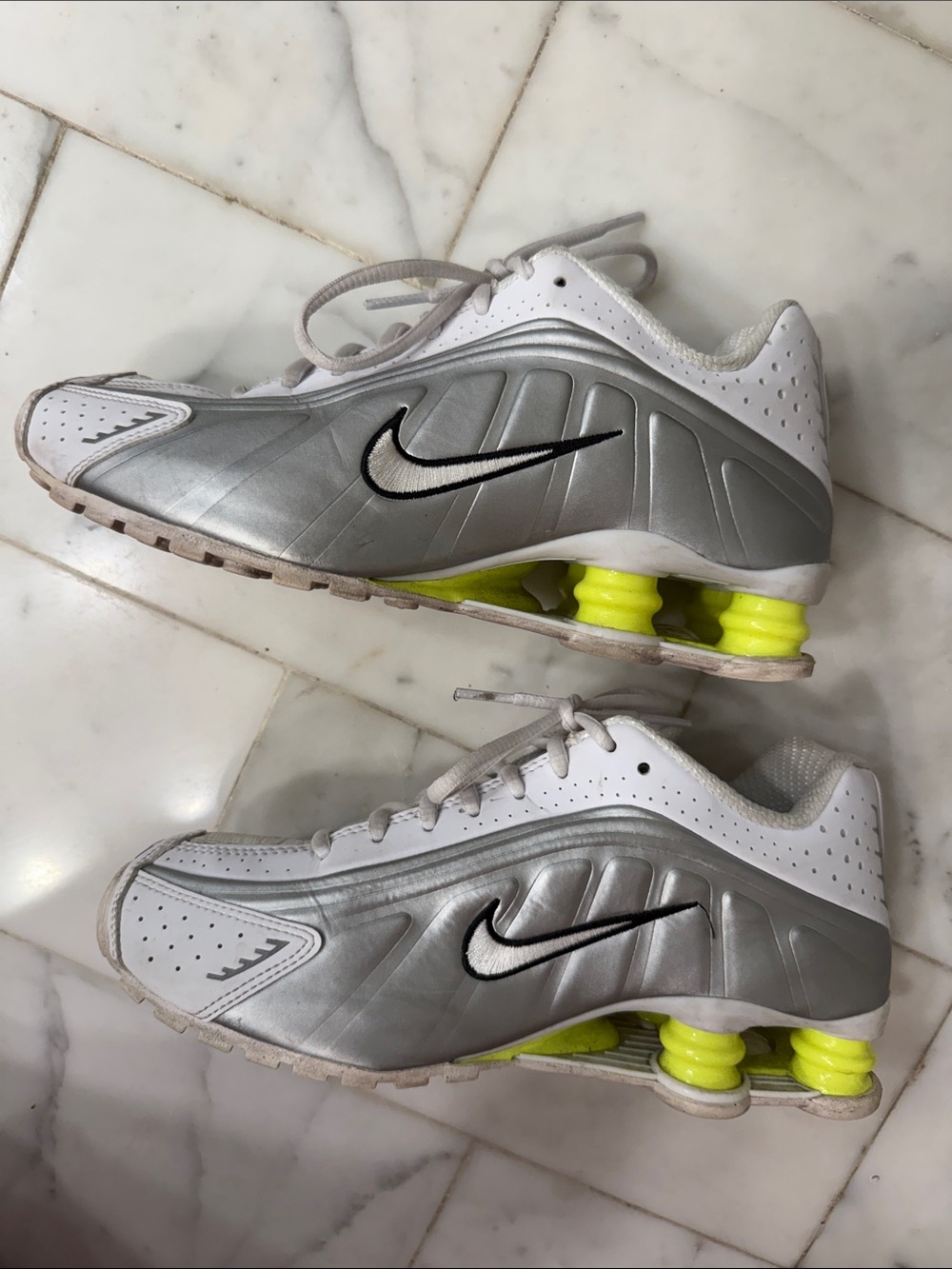 Nike Silver & White Sneakers with Neon Yellow Shox